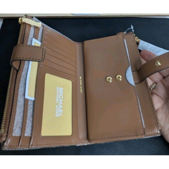 Michael Kors Jet Set Travel Double Zip Wristlet/Wallet- Natural/Luggage (Brown) - Picture 8 of 10